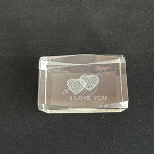 Crystal I Love You paperweight with 2 laser etched hearts and an arrow